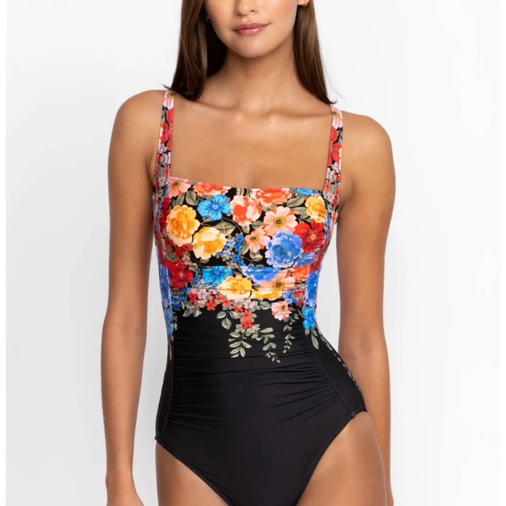 Johnny Was Black Royal Ruched One Piece Floral Swimsuit Sz 3X - Picture 1 of 14